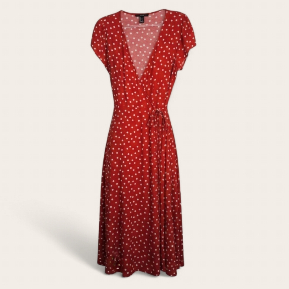 Forever 21 Polka Dot Wrap Short Cap Sleeve Midi Dress Size Large